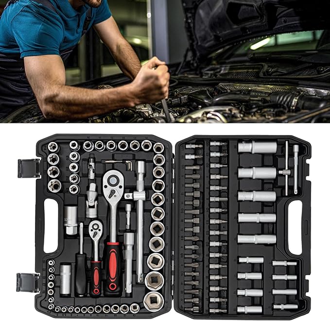 LYNICESHOP 108Pcs Mechanical Tools Kit, Ratchet Wrench Mechanics Tools Kit Metric 1/4 And 1/2 Drive Socket Set Sockets,Quick Release Reversible Ratchet Wrench Fit For Diy Car Motorcycle Repair