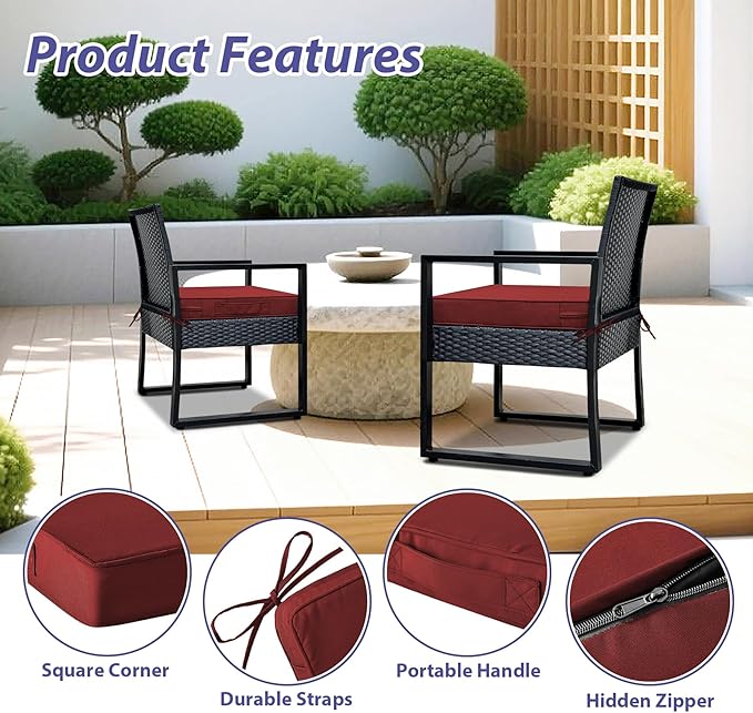 IPYNBAP Outdoor Chair Cushions Set of 4 -Waterproof Outdoor Seat Cushions for Patio Furniture, Patio Chair Cushion with Handle and Ties, Out Door Chair Pads,17x16x2-Square, Burgundy