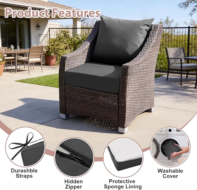 Outdoor Deep Seat Cushion Set, 24x24 Inch Water-Resistant & Fade-Resistant Outdoor Chair Cushions, Patio Furniture Cushions with Removable Cover for Patio Chair, Sofa, Dark Grey (Set of 1)