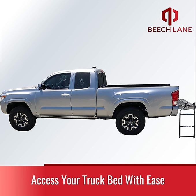Beech Lane Pickup Truck Tailgate Ladder - Universal Fit, Stainless Steel Self Drilling Hex Screws for Easy Install, Durable Aluminum Step Grip Plates, and Sturdy Rubber Ladder Feet