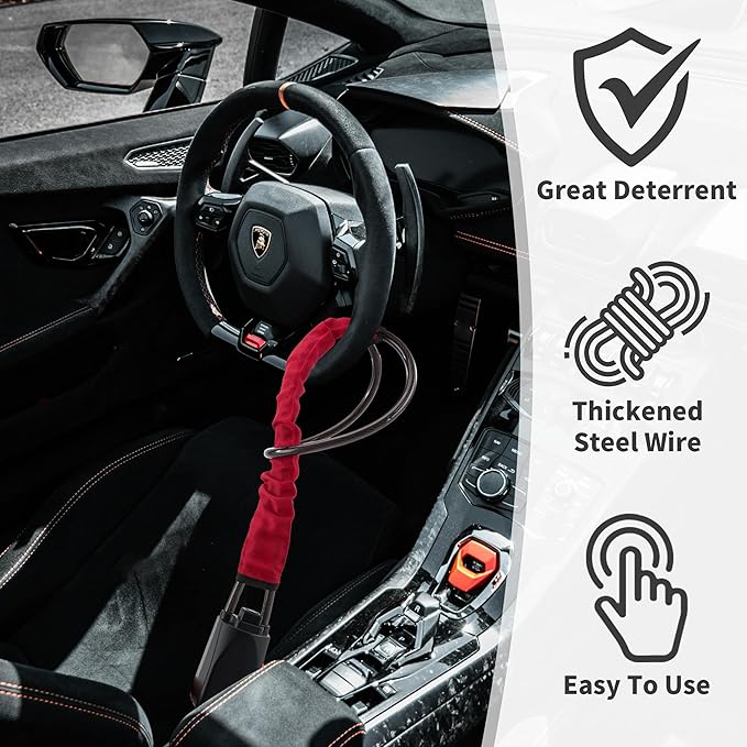 Car Steering Wheel Lock, 1 Pack Anti Theft Car Device with Max 17” Locking Length, Thickened Steel Wire, and Fine Stitched Edges, 3 Keys Included, Easy to Store, Fits Most Vehicles, SUVs（Red）