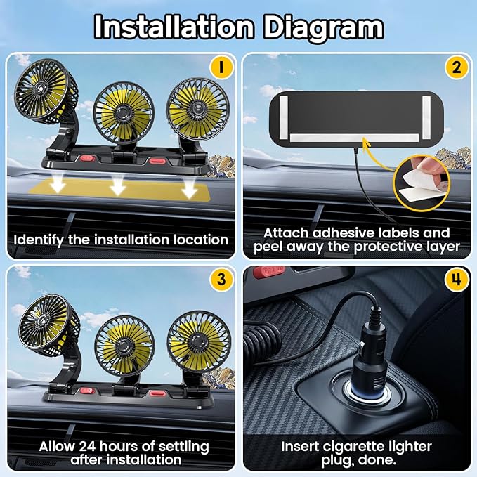 Portable 3-Head Car Cooling Fan, Fans for Vehicles Cars Trucks Dashboard (Cigarette Lighter Plug, No Battery)