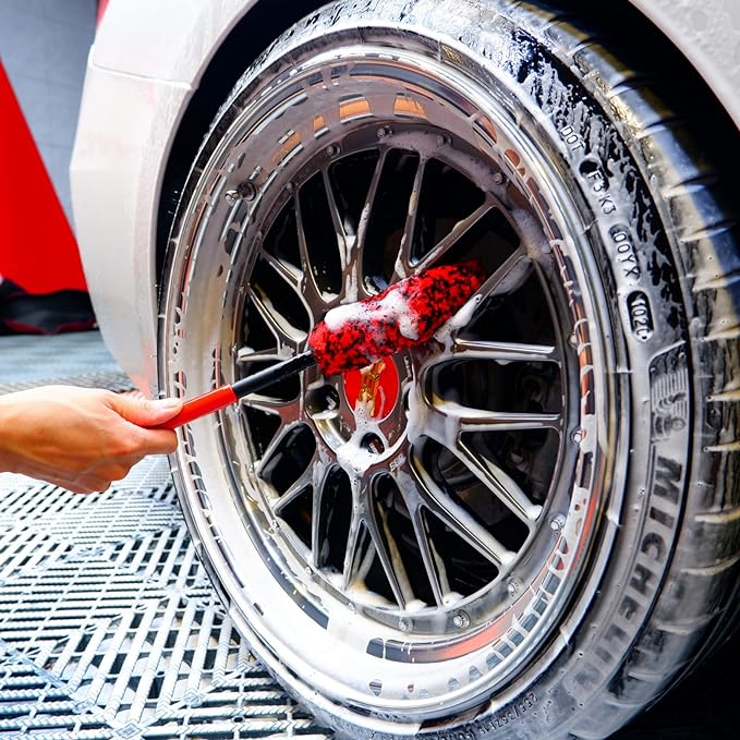 Professional 4 Pack Long Handle Wheel Brush Kit for Cleaning Wheel and Tire- 2X Soft Wheel Cleaning Brush, Detailing Brush and Stiff Tire Brush, Bendable& Durable Wheel Rim Cleaner Brush Set