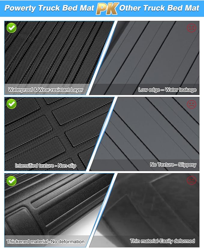 Powerty Truck Bed Mat for Ford Maverick (Gas & Hybrid XL/XLT/Lariat Models) 2022 2023 2024 2025 2026 Accessories All Weather Truck Bed Liner TPE Pickup Bed Mat Black