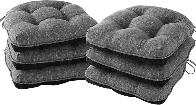IPYNBAP Chair Cushions for Dining Chairs Set of 6, Kitchen Chair Cushions, Chair Pads with Ties and Non Slip Backing, Tufted Memory Foam Seat Cushion 6 Pack, 15.5" x 15.5" x 4", Dark Gray