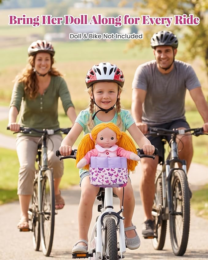 BABESIDE Doll Bike Seat for 12 Inch Dolls, Butterfly Doll Carrier for Kids Bike and Scooter, Baby Doll Accessories for Outdoor Play, Doll Bicycle Seat Gift for Girls Age 3+