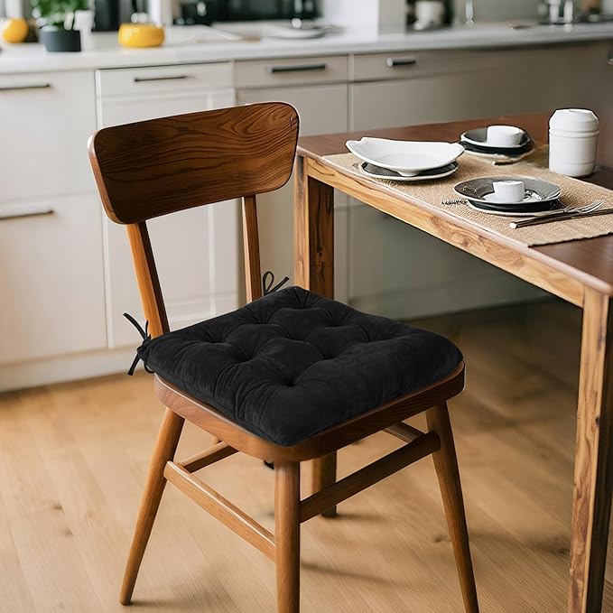 ELFJOY Set of 4 Square Chair Pads Indoor Seat Cushions Pillows with Ties Thick Soft Seat Cushion for Kitchen Dining Office Chair (18", Black)