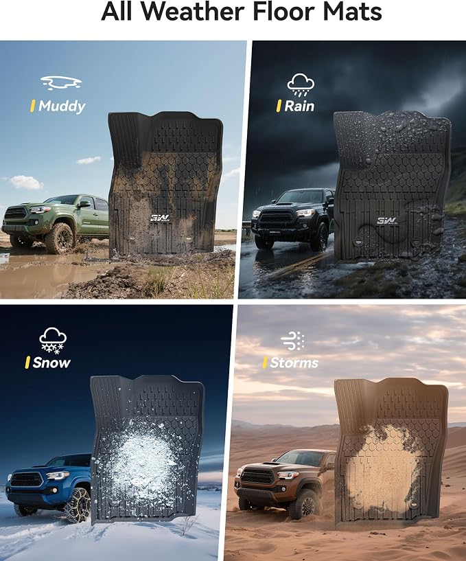 3W Floor Mats Fit for Toyota Tacoma Hybrid 2024 2025 2026, TPE All Weather Custom Fit Floor Liner for Tacoma Accessories 1st and 2nd Row Full Set Car Mats Easy Clean, Black(Only for Hybrid)