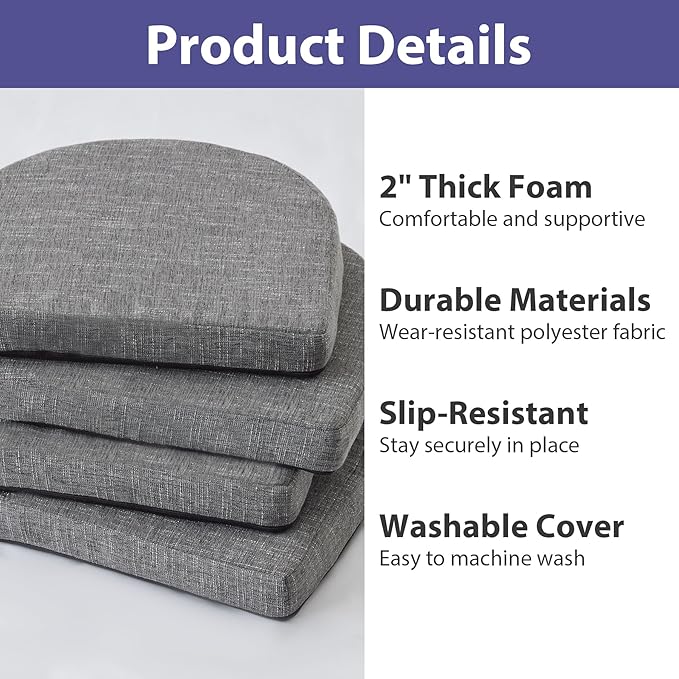 IPYNBAP Chair Cushions for Dining Chairs, Kitchen Chair Cushions, 16'' x 16'' x 2'', Non Slip Indoor Seat Cushions, Chair Pads for Dining Chairs with Ties & Removable Cover, Set of 2, Dark Grey