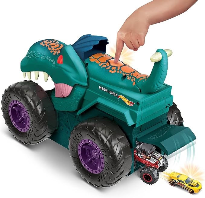 Hot Wheels Monster Trucks Car Chompin' Mega-Wrex, Large Toy Monster Truck & Toy Car, Eats & Poops 1:64 Scale Vehicles, Lights & Sounds