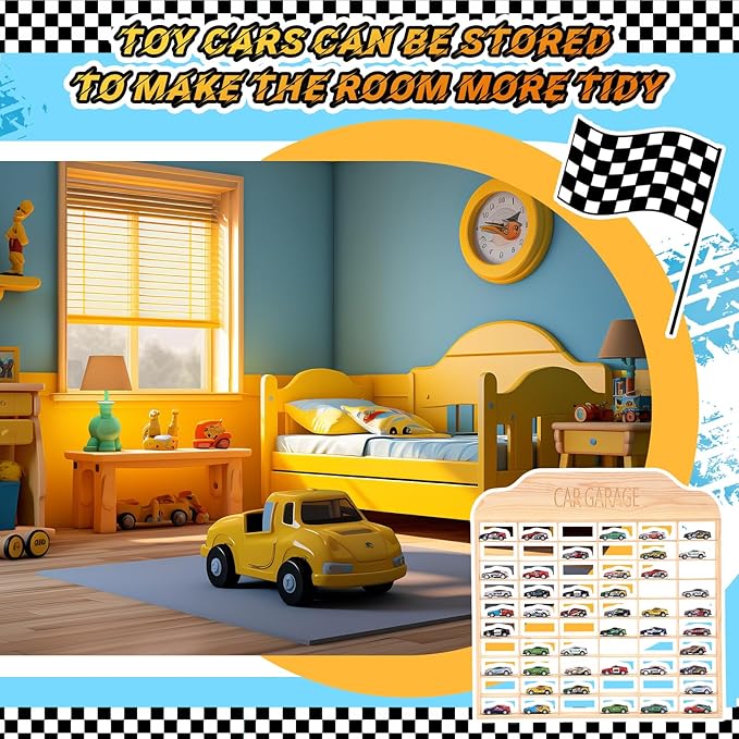 Seenelling Wooden Display Case for Hot Diecast Wheels, Wall Mount, 1/64 Scale, Toy Car Storage Display Shelf, Model Car Storage Organizer, Cabinet for Model Collectible(Wood Color,60 Spaces)
