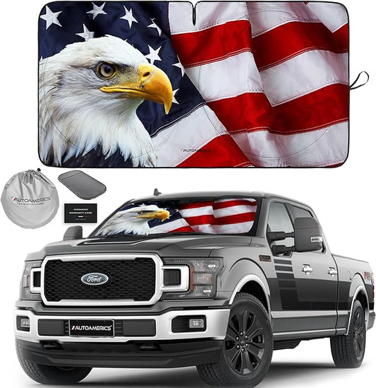 Autoamerics Truck Windshield Sun Shade with Storage Pouch & Anti-Slip Dash Pad - Foldable American Eagle Flag-3 Design - Fits Most SUVs & Trucks - Blocks UV Rays, Keeps Car Cool | X-Large (66 x 36 in)