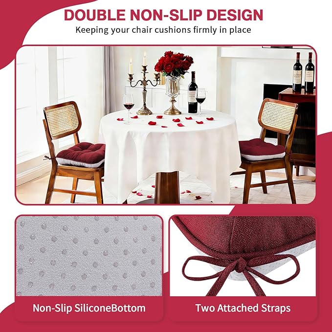 BETU Chair Cushions for Dining Chairs Set of 6,3.5" Thick Kitchen Table Chair Pads with Ties,Non Slip Backing and Covers, Home Decor Seat Cushion for Dining Room,Bar,Patio Chairs,15.5"X15.5"X3.5",Red