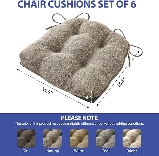 IPYNBAP Chair Cushions for Dining Chairs Set of 6, Kitchen Chair Cushions, Chair Pads with Ties and Non Slip Backing, Tufted Memory Foam Seat Cushion 6 Pack, 15.5" x 15.5" x 4", Khaki