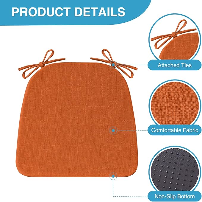IASEAHK Chair Cushions for Dining Chairs Set of 4, Non Slip Kitchen Chair Pads, 17" x 16" x 2", Indoor Dining Chair Cushions with Ties, D-Shaped Seat Cushions for Kitchen Chairs, Orange