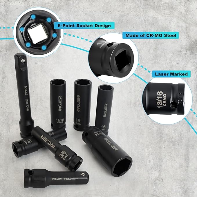 1/2" 29PCS Impact Socket Set, Mechanic Tool Set,SAE (3/8"-1") & Metric (10-24mm), Standard & Deep Sockets with Extension Bars. CR-MO Steel, High Torque, Ideal for Truck Bearing Locknut.