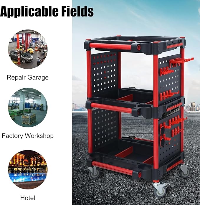 3-Tier Auto Detailing Tool Cart with 4 Hanging Boards & Wheels | Portable Garage, DIY, Home Studio & Workshop Organizer for Car Detailing Tools & Storage