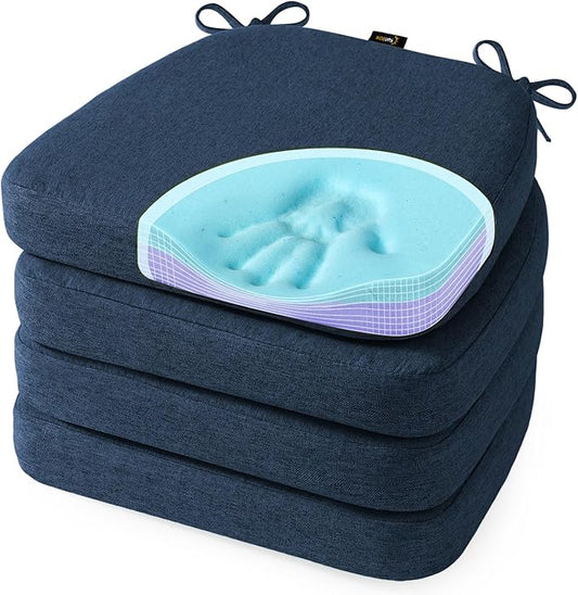 SUNROX Cooling Gel Memory Foam Chair Cushions, 2.6" Thick U-Shaped Dual-Layer Comfort Dining Chair Pads, Non Slip Seat Cushion with Ties for Indoor Kitchen Office 17"x16" Set of 4, Navy