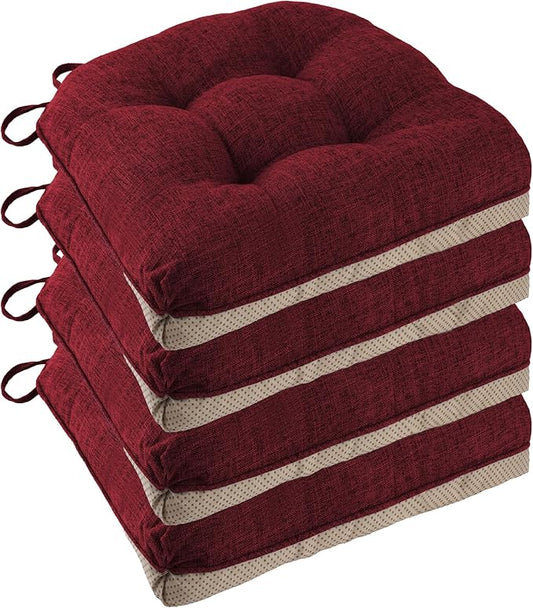 Non Slip Chair Cushions for Dining Chairs Set of 4 Kitchen Chair Cushions 18"x18"x3" Turfted Chair Pads Comfortable and Soft Seat Cushion with Ties, Red