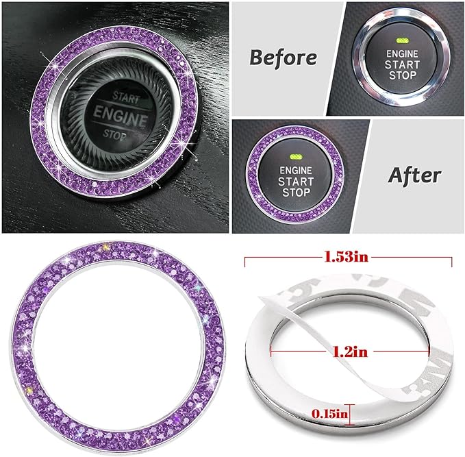 Steering Wheel Cover Set for Women Girl,7 Pack Crystal Diamond Rhinestone Purple Bling Car Accessories, Seat Belt Cover, Gear Shift Cover, Car Bling Ring, Cup Holder Coasters, Purple