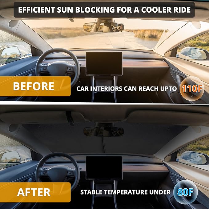 EcoNour Two-Piece Foldable Front Windshield Sun Shade for Tesla Model 3 & Y 2017–2026, 240T Reflective UV & Heat Protection, Storage Pouch Included, Custom Fit with Upgraded Design