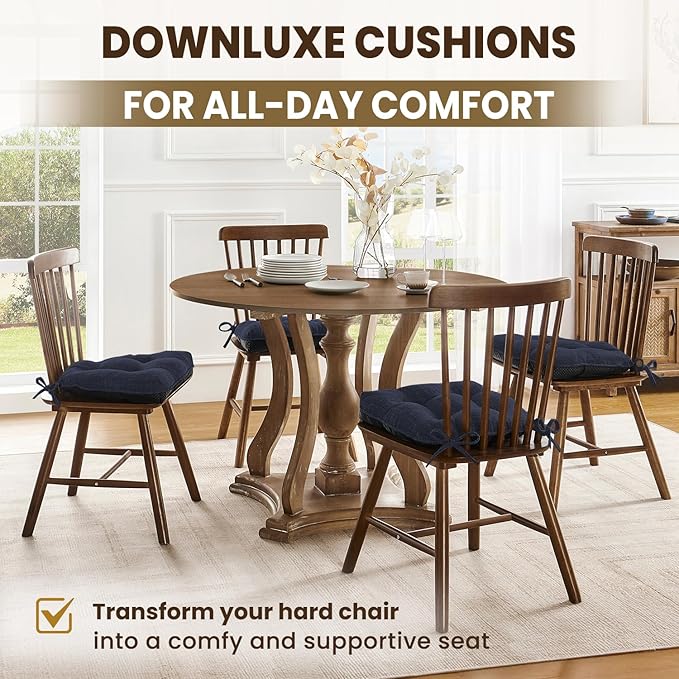 downluxe Indoor Chair Cushions for Dining Chairs, Tufted Overstuffed Textured Foam Kitchen Chair Pads with Ties and Non-Slip Backing, 15.5" x 15.5" x 4", Navy, 4 Pack