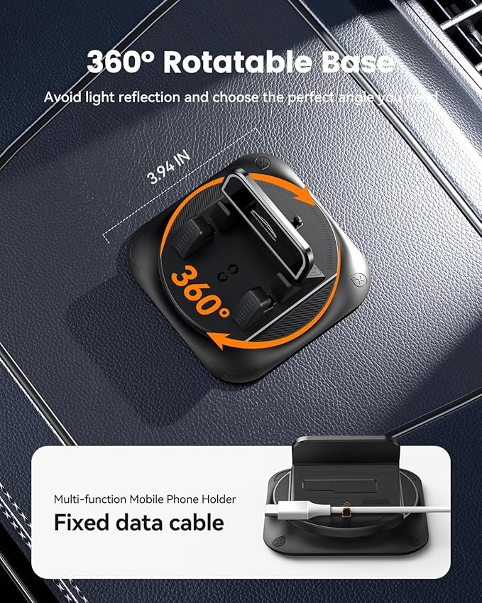 360 Degree Rotation Dashboard Phone Holder for Car, Anti-Slip Grips & One-Hand Operation Car Cell Phone Mount with Adjustable Spring Clip, Compatible with iPhone Samsung All Smartphones