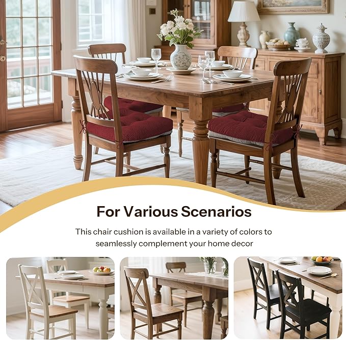 Indoor Kitchen Chair Cushions Set of 2 18"X16.5"X3" Soft Anti Slip Dining Chair Pads Tufted Kitchen Seat Cushion with Ties, Red