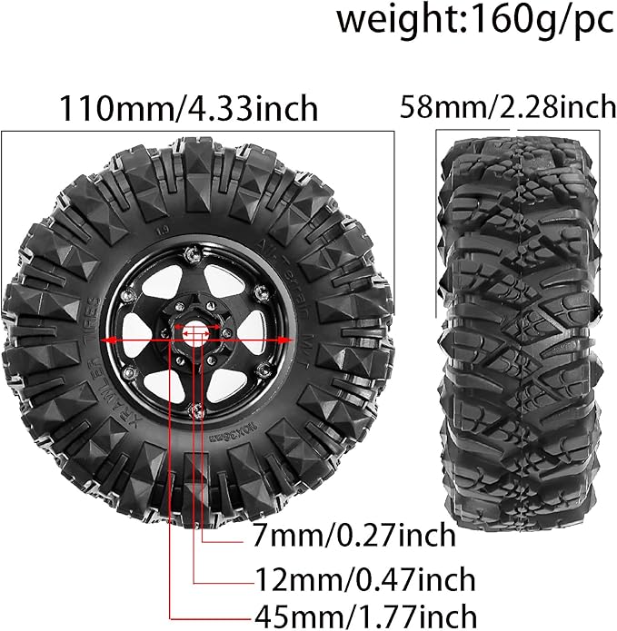 STMU Negative Offset 10.4mm 1.9 Beadlock Wheel Rims Aluminum and 1.9 RC Crawler Tires 4.33 Inch OD Foam Inserts for Traxxas TRX4 Axial SCX10 SCX10 II III RBX10 Redcat Gen 8 (Black)