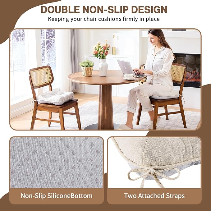 BETU Chair Cushions for Dining Chairs Set of 6,3.5" Thick Kitchen Table Chair Pads with Ties,Non Slip Backing and Covers, Seat Cushion for Dining Room,Bar,Patio Chairs,15.5"X15.5"X3.5",Beige