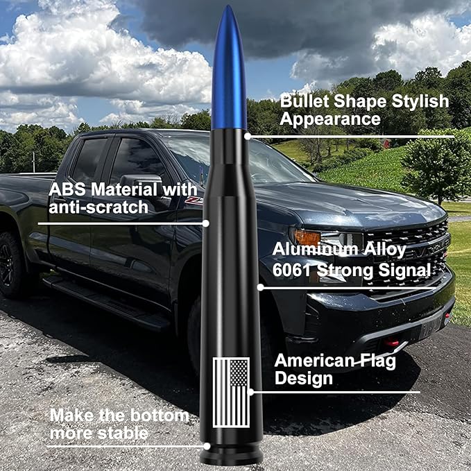 Car Truck Antenna with Tire Valve Caps American Flag Universal Short Replacement for GMC Sierra Chevy Silverado Dodge Ram 1500 2500 3500 Ford F150 F250 F350 Super Duty Raptor Accessories, Blue