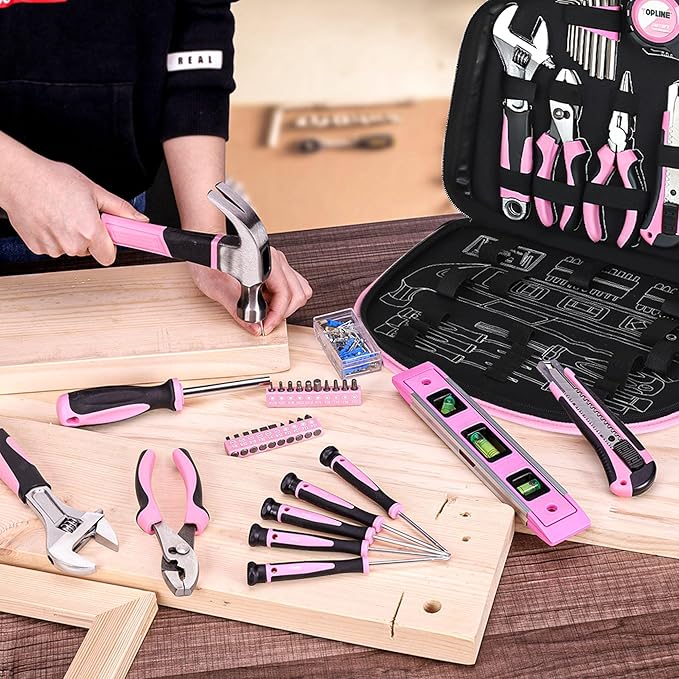 TOPLINE 208-Piece Pink Tool Kits for Women with Round Pouch, Small Tools Kit for Apartment, Home, Household Ladies Pink Tool Set for Best Gifts and Home Maintenance