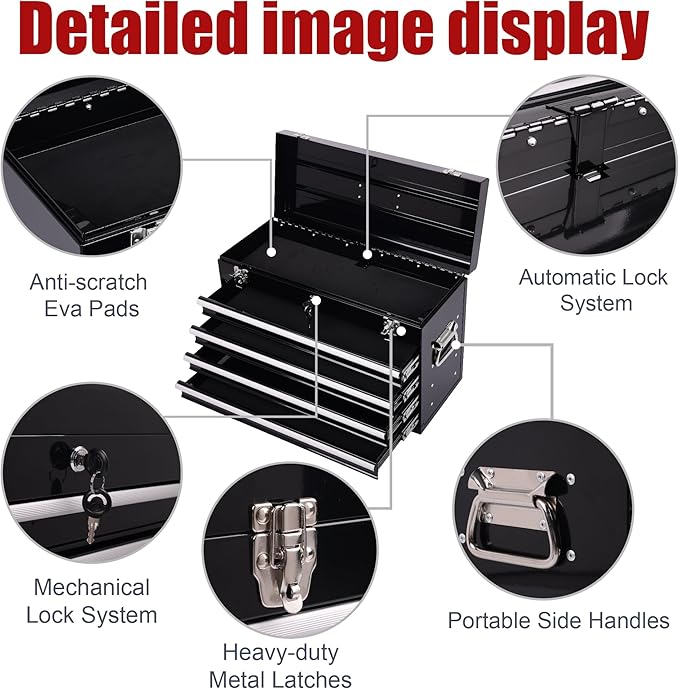 21" Portable 4 Drawer Steel Toolbox, 5 Layers of Tools with Metal Latches, with Top Storage Tray and Carrying Handle, Multi-Function Tool Chest for Garage, Home,or Workbench（black）