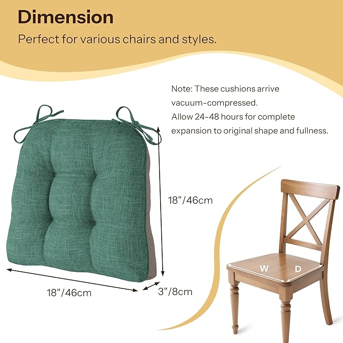 Non Slip Chair Cushions for Dining Chairs Set of 4 Kitchen Chair Cushions 18"x18"x3" Turfted Chair Pads Comfortable and Soft Seat Cushion with Ties, Green