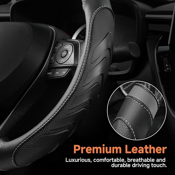 West Llama Carbon Fiber Leather Steering Wheel Cover with Anti-Slip Grip, 3D Textured Design, 14.5-15 Inch Car Steering Wheel Cover, Durable Interior Accessory（Standard Size-Black+Gray