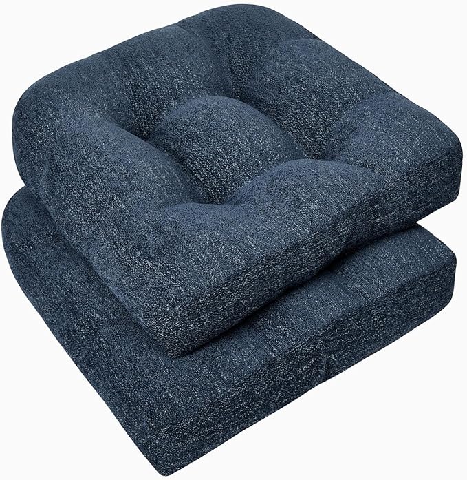 downluxe Chair Cushions for Dining Chairs 2 Pack, Tufted Indoor Chair Pads with Non-Slip Bottom, U-Shaped Kitchen Chair Cushions, 18"x18"x4", Navy