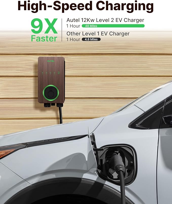 Autel Home Smart Electric Vehicle (EV) Charger up to 50Amp, 240V, Indoor/Outdoor Car Charging Station with Level 2, Wi-Fi and Bluetooth Enabled EVSE, 25-Foot Cable,Wood Grain