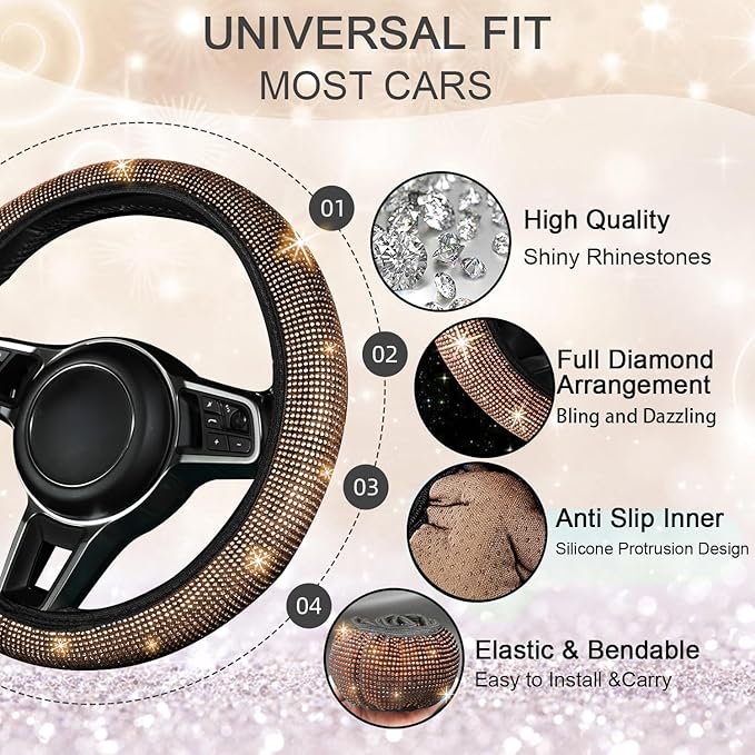 NBTEPEM 12 Pcs Bling Car Accessories Set for Women Car Floor Mats Full Set Steering Wheel Cover Seat Belt Covers Coasters Universal Fit Car SUV Truck Van Gold