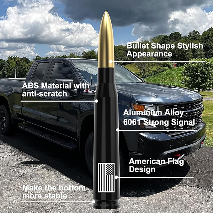 Car Truck Antenna with Tire Valve Caps American Flag Universal Short Replacement for GMC Sierra Chevy Silverado Dodge Ram 1500 2500 3500 Ford F150 F250 F350 Super Duty Raptor Accessories, Gold