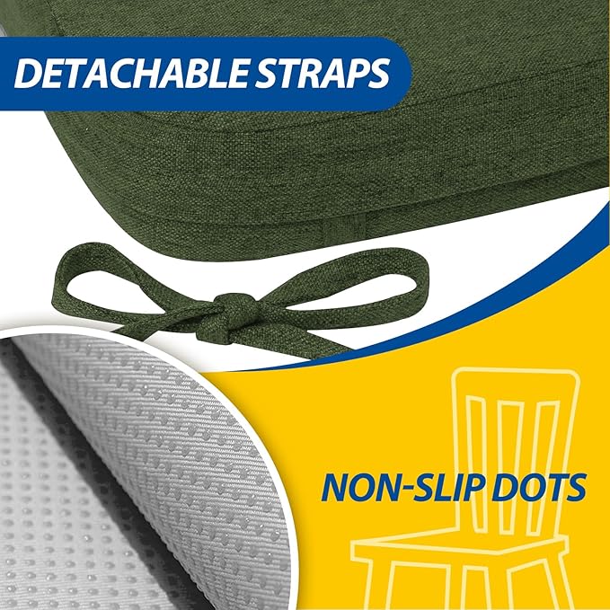 AAAAAcessories D-Shaped Chair Cushions, 2" Thick Dining Chair Pads with Ties and Removable, Machine-Washable Cover, 17" x 16", Set of 4, Dark Olive Green