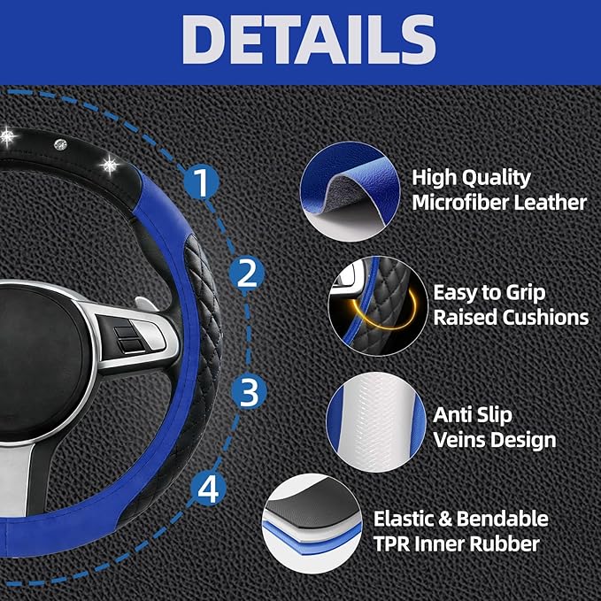 NBTEPEM 6 PCS Bling Car Accessories Set, Leather Steering Wheel Covers Universal 14.5-15 inch, Center Console Cover, Seat Belt Cushion, Cup Holder Coaster (Blue)