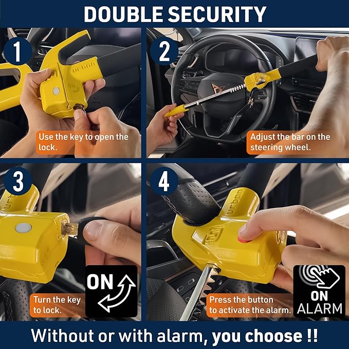 URBAN UR978Y Double Security Steering Wheel Lock with Hi-Tech Alarm, 120dB+LED, Smart Warning, A+ Sensitivity | Proven Theft Attempt Deterrence | Patented Anti-Theft Car Device Universal SUV Van Truck
