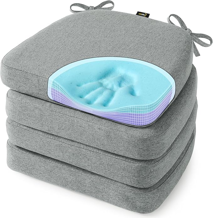 SUNROX Cooling Gel Memory Foam Chair Cushions, 2.6" Thick U-Shaped Dual-Layer Comfort Dining Chair Pads, Non Slip Seat Cushion with Ties for Indoor Kitchen Office 17"x16" Set of 4, Heather Grey