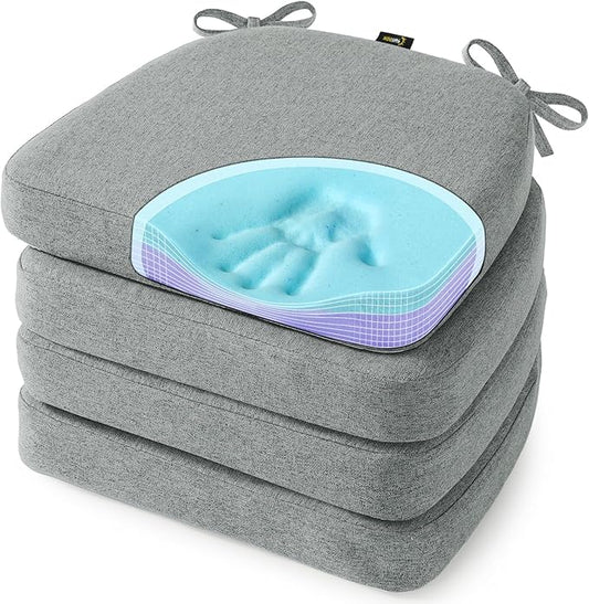 SUNROX Cooling Gel Memory Foam Chair Cushions, 2.6" Thick U-Shaped Dual-Layer Comfort Dining Chair Pads, Non Slip Seat Cushion with Ties for Indoor Kitchen Office 17"x16" Set of 4, Heather Grey