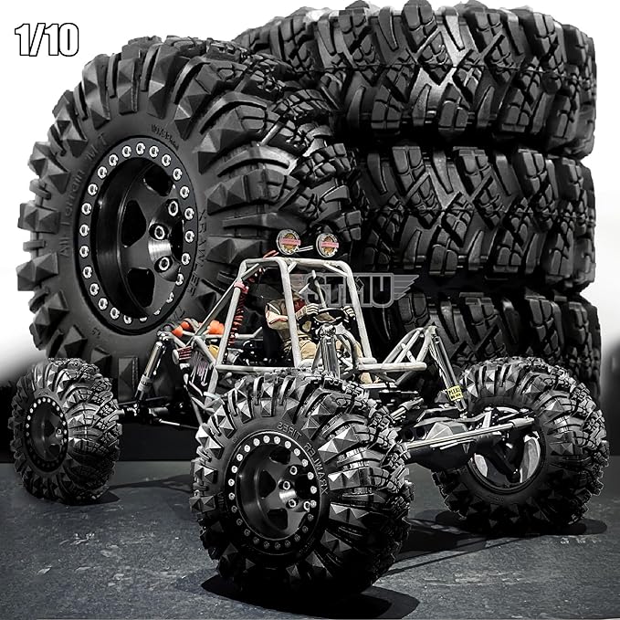 STMU Negative Offset 10.4mm 1.9 Beadlock Wheel Rims Aluminum and 1.9 RC Crawler Tires 4.33 Inch OD Foam Inserts for Traxxas TRX4 Axial SCX10 SCX10 II III RBX10 Redcat Gen 8 (Black)