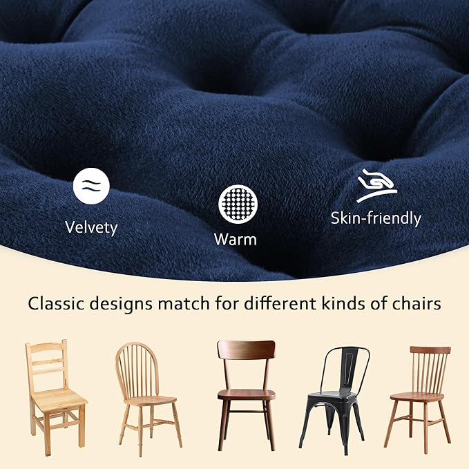 ELFJOY Set of 4 Square Chair Pads Indoor Seat Cushions Pillows with Ties Thick Soft Seat Cushion for Kitchen Dining Office Chair (18.8", Navy)