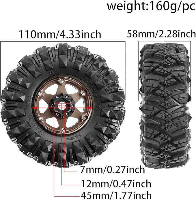 STMU Negative Offset 10.4mm 1.9 Beadlock Wheel Rims Aluminum and 1.9 RC Crawler Tires 4.33 Inch OD Foam Inserts for Traxxas TRX4 Axial SCX10 SCX10 II III RBX10 Redcat Gen 8 (Brown)
