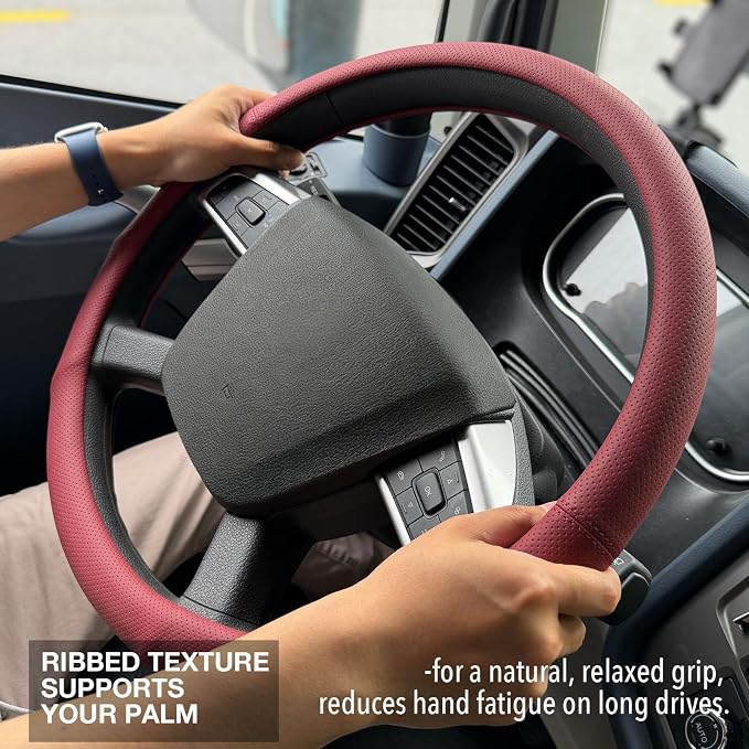 PINCTROT XL 17.5-18in Nappa Leather Supported Grip Steering Wheel Cover for Semi Truck, Fits RV, Big Rig Trucker, 18 Wheeler and Classic Cars, Anti-Slip Perforated Design 17.5-18 Inch (Burgundy Red)