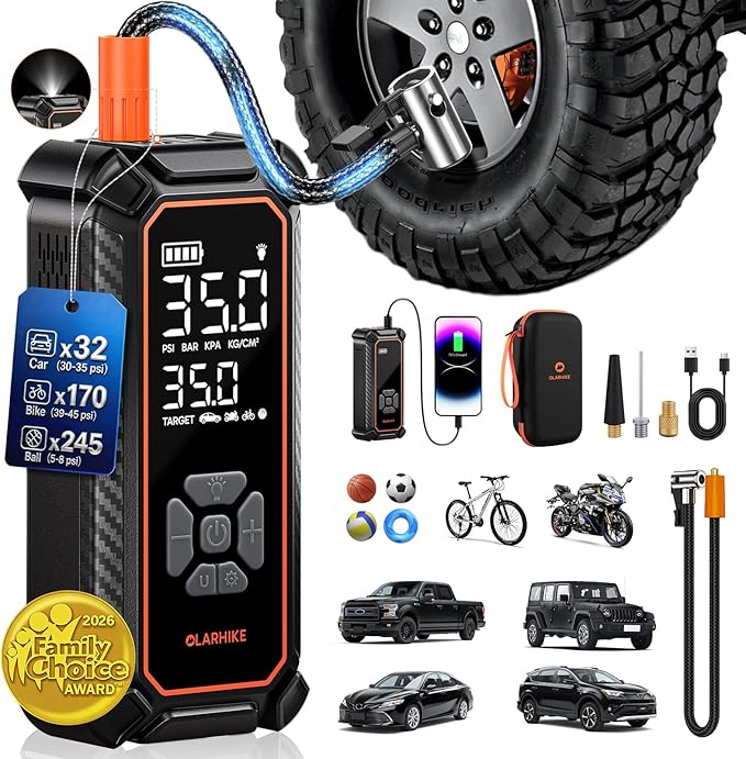 OlarHike Cordless Tire Inflator Portable Air Compressor, 3X Fast Inflation,12000mAh Battery, Air Pump for Car Tires, Pickups, SUVs, Electric Pump with Digital Pressure Gauge/Auto Shuttoff, Gift Ideas