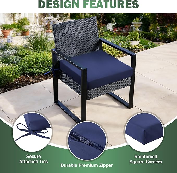 Outdoor Chair Cushions Set of 2, 19x19x3 Inch Waterproof & Fade Resistant Patio Furniture Seat Cushions with Ties, Square Outdoor Dining Chair Cushions for Lawn, Garden, Deck & Yard, Navy Blue